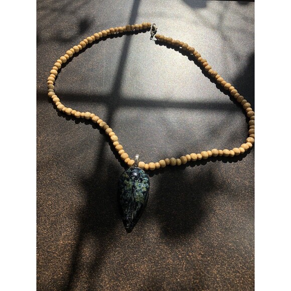 Boro Art Glass Pendant On 19" Wooden Bead Necklace Boho Style Artisan Made 2008 - Picture 4 of 14